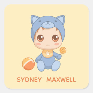 Baby Boy Girl Cat Jumpsuit Custom Name Yellow Square Sticker