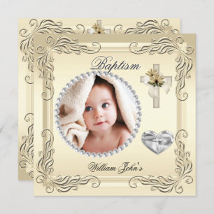 Baby Boy Girl Gold Cream Christening Baptism Cross Invitation