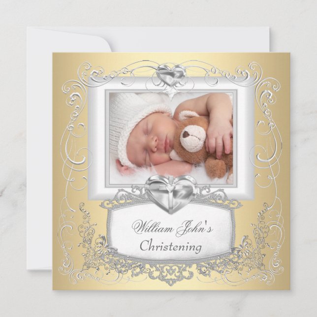 Baby Boy Girl Gold Cream Christening Baptism Cross Invitation (Front)