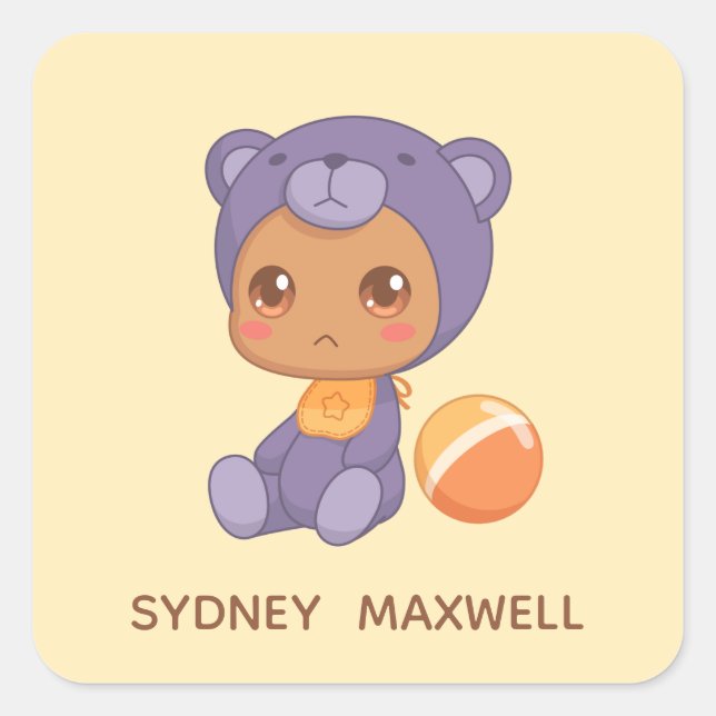 Baby Boy Girl Purple Bear Jumpsuit Custom Name 2 Square Sticker (Front)