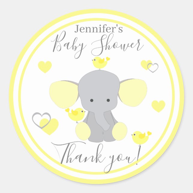 Baby Boy Girl Shower Yellow Elephant Thank You Classic Round Sticker (Front)