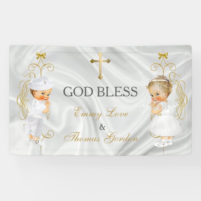 Baby Boy & Girl Twins Baptism Christening Gold Banner (Horizontal)
