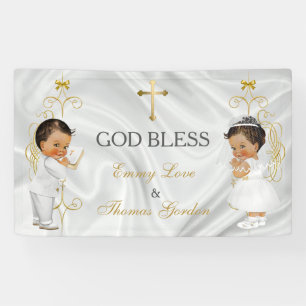 Baby Boy & Girl Twins Baptism Christening Gold Banner
