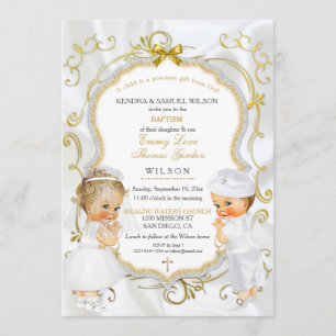 Baby Boy & Girl Twins Baptism Christening Gold Invitation