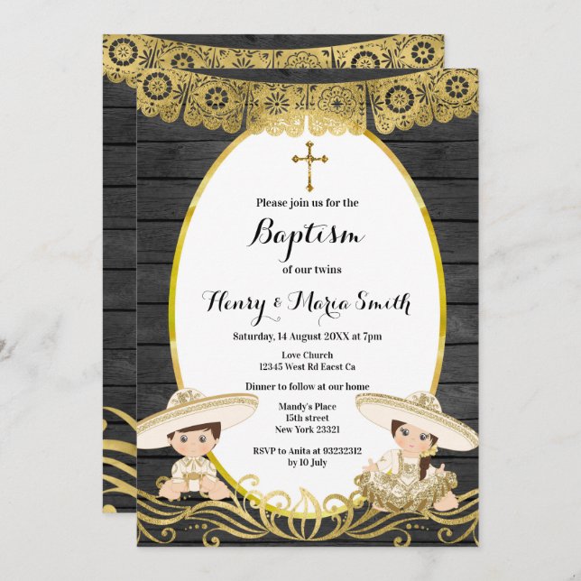 Baby Boy & Girl Twins Baptism Christening Gold Invitation (Front/Back)