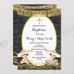 Baby Boy & Girl Twins Baptism Christening Gold Invitation