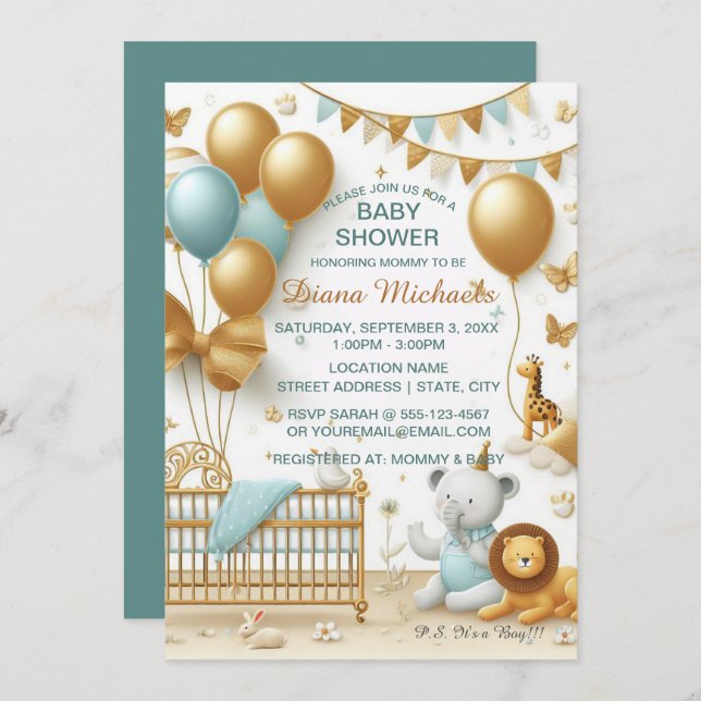 Baby Boy Golden Balloons and Toys  Invitation (Front/Back)