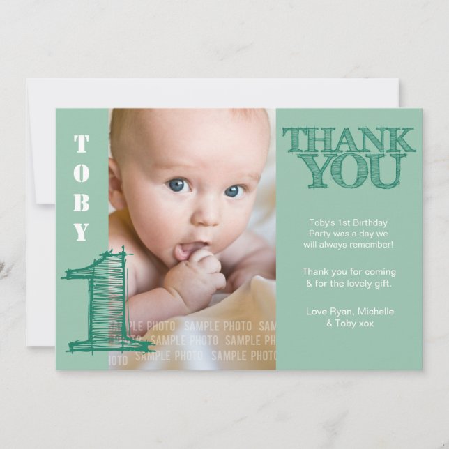 Baby Boy Green 1st Birthday Thank You Photo Card (Front)