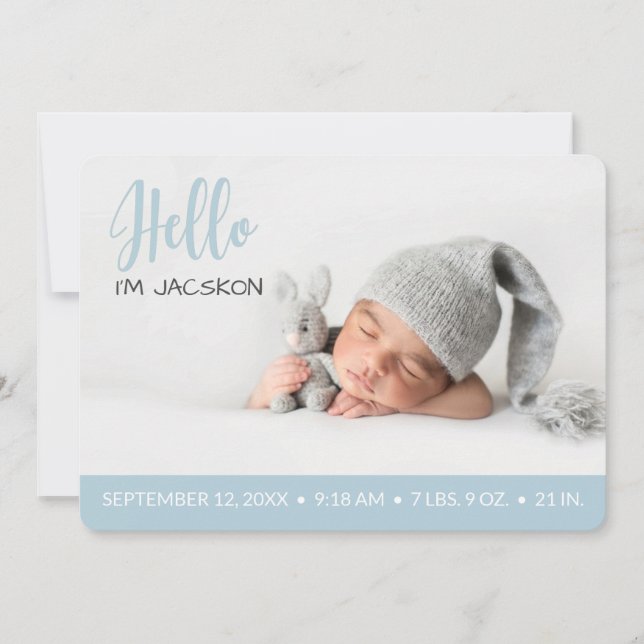 Baby boy hello overlay photo modern pastel blue announcement (Front)