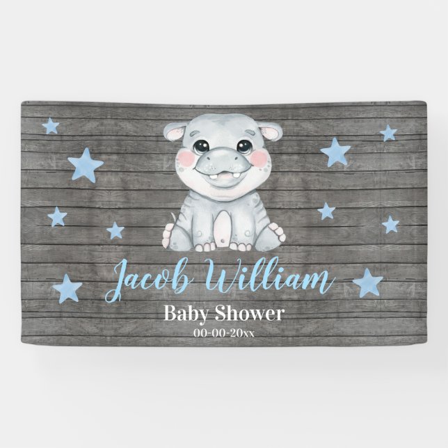 Baby Boy Hippo Banner Sign Rustic Backdrop Shower (Horizontal)