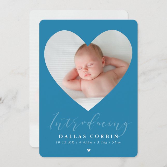 BABY BOY introducing photo cute heart frame blue Invitation (Front/Back)