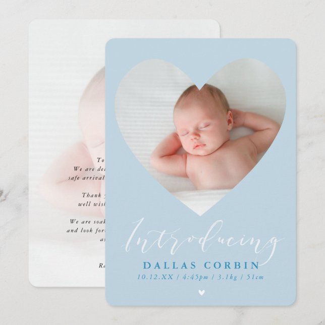 BABY BOY introducing photo heart frame pale blue Invitation (Front/Back)
