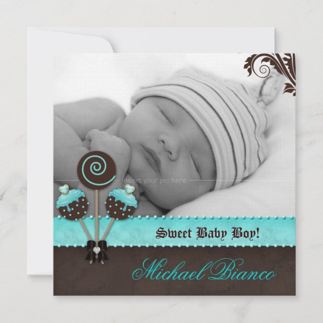 Baby Boy Invitation Announcement Cake Pops Blue (Front)
