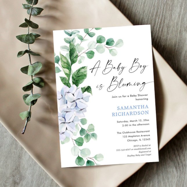 Baby boy is blooming spring floral greenery shower invitation (Creator Uploaded)