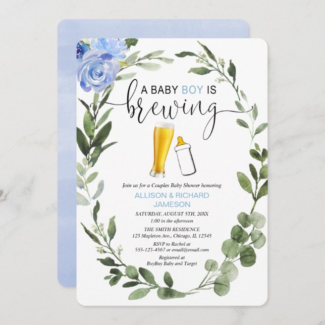 Baby Boy is Brewing greenery couples baby shower Invitation (Front/Back)