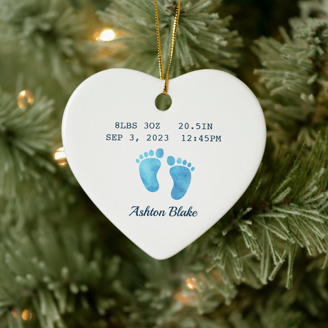 Baby Boy Keepsake Newborn Stats Heart Ornament  (Baby Boy Keepsake Newborn Stats Heart Ornament Watercolor Footprints)