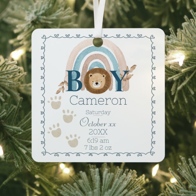 Baby Boy Lion Custom Name and Birth Keepsake Metal Tree Decoration (Insitu)