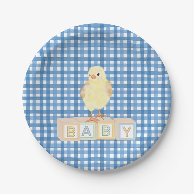 Baby Boy Little Chick Blue Gingham Paper Plate (Front)