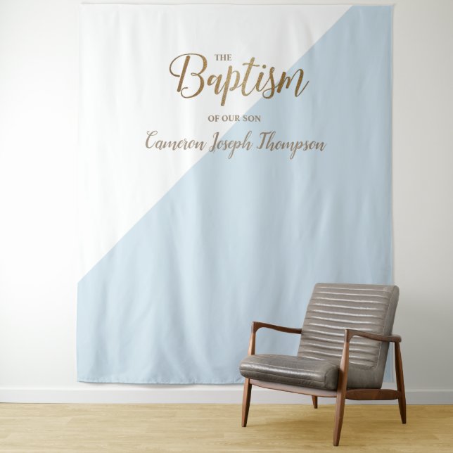 Baby boy modern baptism backdrop blue  tapestry (In Situ)