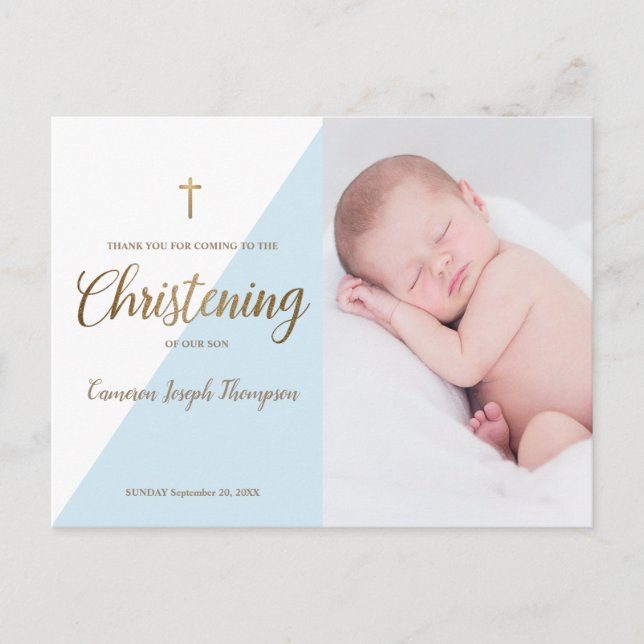 Baby Boy Modern Blue Photo Christening Thank You Postcard (Front)
