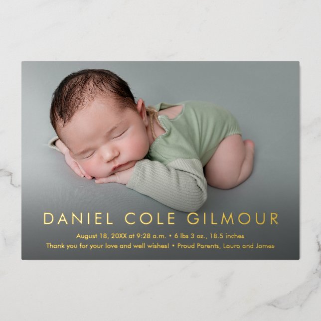 Baby Boy Modern Name Custom Birth Stats Photo Gold Foil Holiday Card (Front)