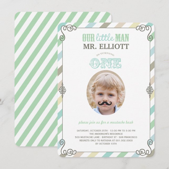 Baby Boy Moustache 1st Birthday Party Photo Invite (Front/Back)
