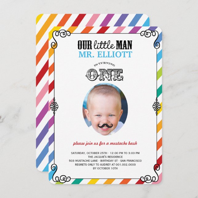 Baby Boy Moustache 1st Birthday Party Photo Invite (Front/Back)