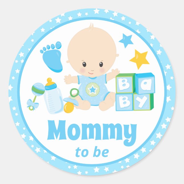 Baby Boy Mummy to Be Blue Stars Classic Round Sticker (Front)