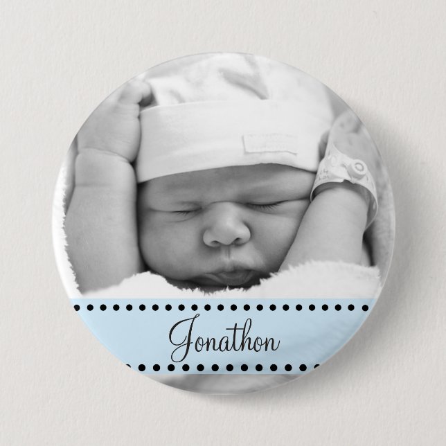 Baby Boy Name and  Photo Magnet Blue Personalised 7.5 Cm Round Badge (Front)