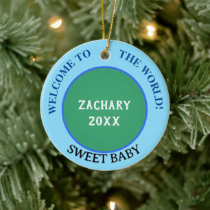 Baby Boy Name Announcement Earth Green Blue Ceramic Ornament