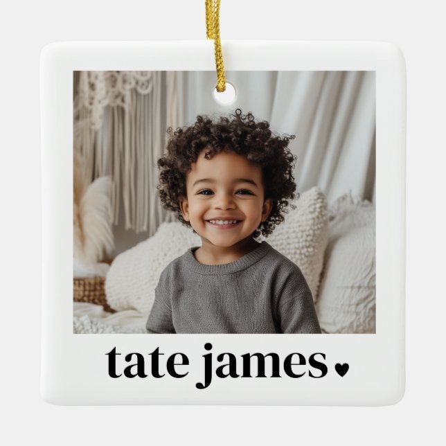 Baby Boy Name Heart Photo Ceramic Ornament (Front)