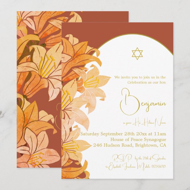 Baby Boy Naming Burnt Orange Jewish Hebrew  Invitation (Front/Back)