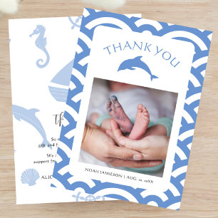 Baby Boy Nautical Blue Baby Shower Elegant Photo Thank You Card