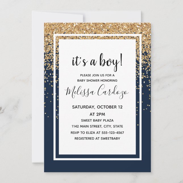 Baby Boy Navy Blue Glitter Baby Shower  Invitation (Front)