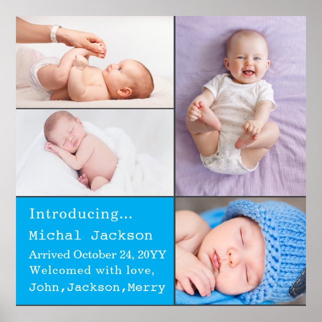 Baby Boy Newborn Photo Birth Announcement Blue  Poster (Front)