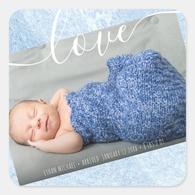 Baby Boy Newborn Photo Birth Announcement Blue Square Sticker (Front)
