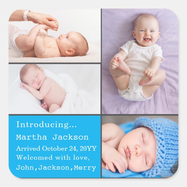 Baby Boy Newborn Photo Birth Announcement Blue  Square Sticker (Front)