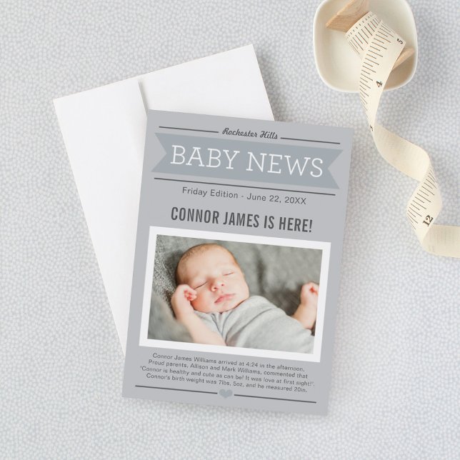 Baby Boy News Modern Grey Photo Birth Announcement (Creator Uploaded)