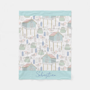 Baby Boy Nursery Country Teal Birds House Pattern Fleece Blanket