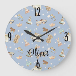 Baby Boy Nursery Watercolor Vintage Toys 10.75-in Large Clock