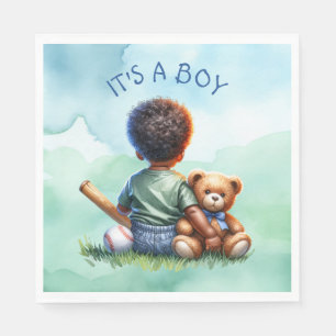 Baby Boy of Colour with his Teddy Bear Baby Shower Napkin