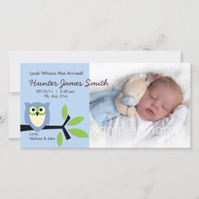 Baby Boy Owl Theme Birth Announcement Photo Card (Front)