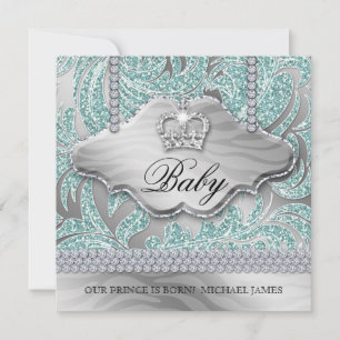 Baby Boy Party Invite Blue Crown Jewellery Leaves
