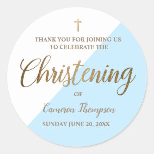 Baby Boy Personalised blue Christening thank you Classic Round Sticker