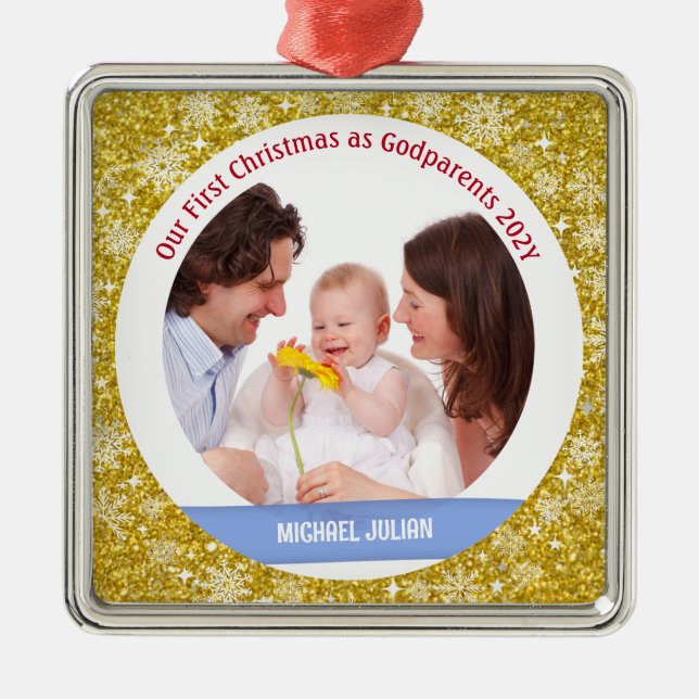 Baby Boy Photo 1st Christmas As Godparents Golden Metal Ornament (Front)