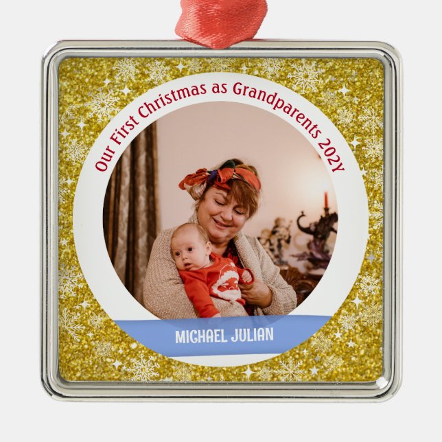 Baby Boy Photo 1st Christmas Grandparents Golden Metal Ornament (Front)