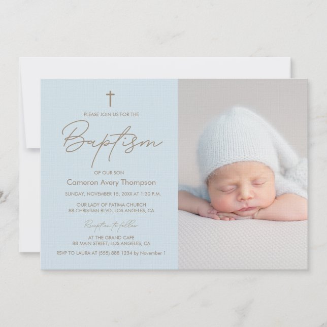 Baby Boy Photo Baptism Elegant Modern Christening Invitation (Front)