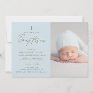 Baby Boy Photo Baptism Elegant Modern Christening Invitation