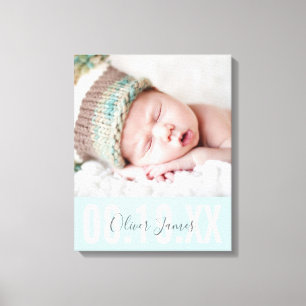 BABY BOY PHOTO BIRTH DATE cute type pale blue Canvas Print