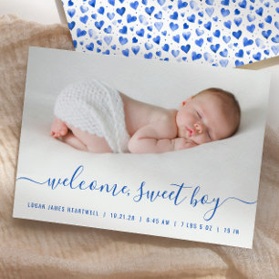 Baby Boy Photo Blue Script Hearts Birth Announcement